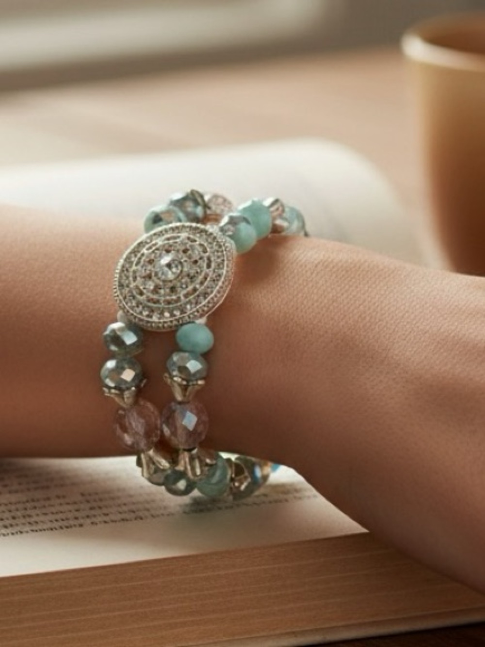 Aqua Crystal Double Strand Stretch Bracelet Rhinestone Statement Jewelry - Picture 4 of 4